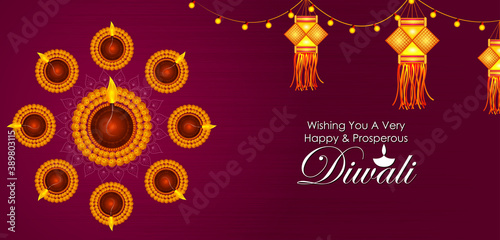 Happy Diwali decorated diya lamp on light festival of India greeting background in vector