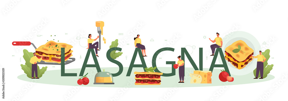 Fototapeta premium Tasty lasagna. Italian delicious cuisine on the plate. People