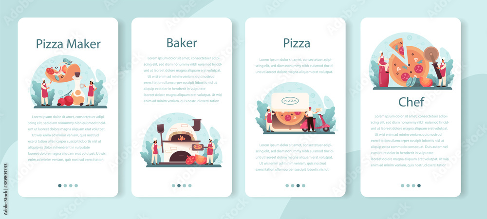 Pizzeria mobile application banner set. Chef cooking tasty delicious