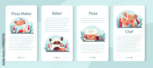 Pizzeria mobile application banner set. Chef cooking tasty delicious