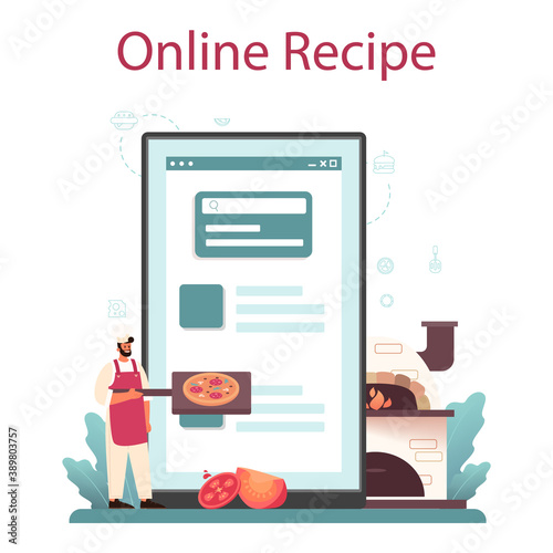 Pizzeria online service or platform. Chef cooking tasty delicious