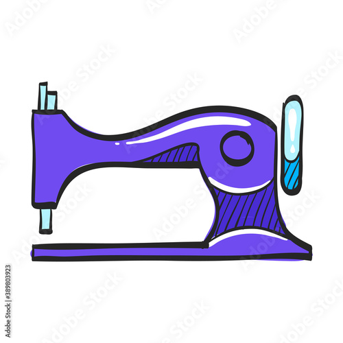 Vintage sewing machine icon in color drawing. Tailor dressmaker fashion