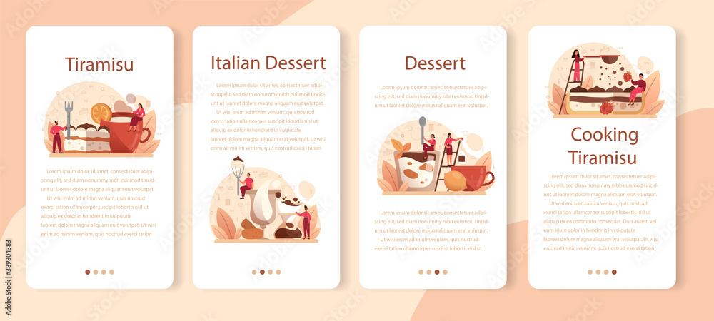 Naklejka premium Tiramisu dessert mobile application banner set. People cooking
