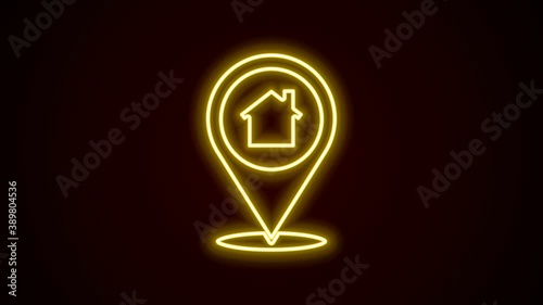 Glowing neon line Map pointer with house icon isolated on black background. Home location marker symbol. 4K Video motion graphic animation