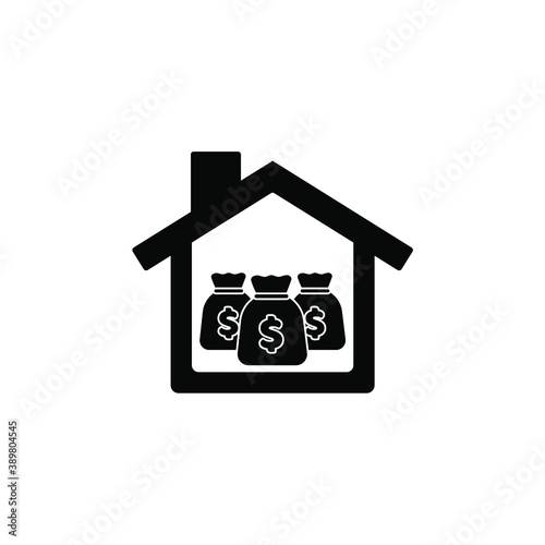 Money inside the house. The bags with the dollar sign are inside the symbolic shelter, reliably protected. Vector icon, flat minimal design, black silhouette isolated on white background, eps 10.