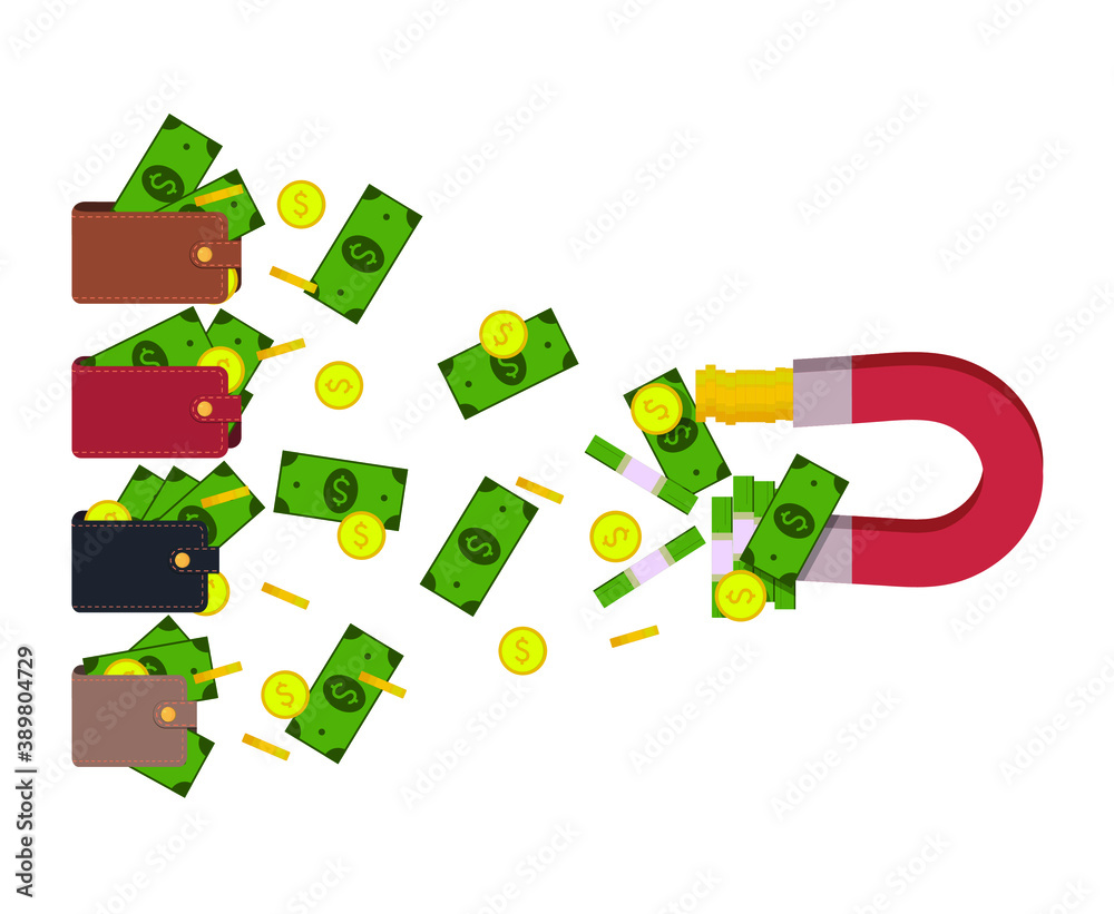 The magnet attracts money from wallets. Concept: attracting depositors, profitable purchases, fraud, extortion. Vector illustration, flat cartoon design, isolated on white background, eps 10. The magnet attracts money from wallets. Concept: attracting depositors, profitable purchases, fraud, extortion. Vector illustration, flat cartoon design, isolated on white background, eps 10.