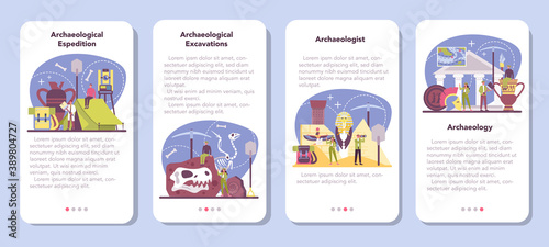Archaeologist mobile application banner set. Ancient history scientist