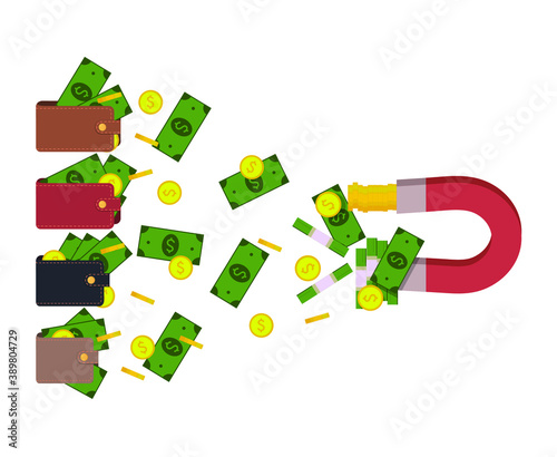 The magnet attracts money from wallets. Concept: attracting depositors, profitable purchases, fraud, extortion. Vector illustration, flat cartoon design, isolated on white background, eps 10.