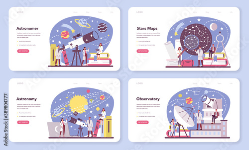 Astronomy and astronomer web banner or landing page set. Professional scientist