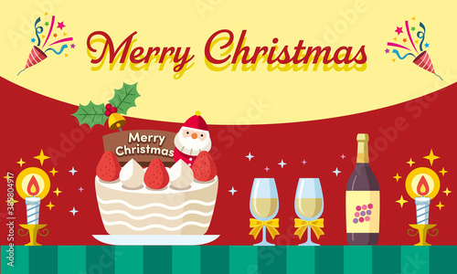 ショートケーキとワインのクリスマスパーティーセットのイラスト
