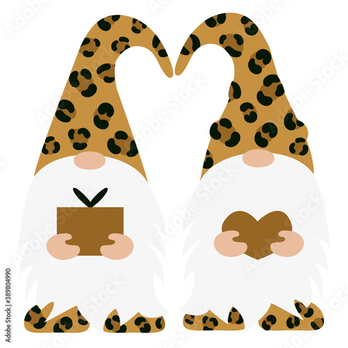 Set of Leopard Gnomes. Vector illustration flat design of a fairytale characters of dwarfs isolated on white.