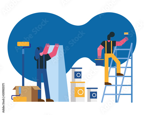 constructors workers couple remodeling painting scene