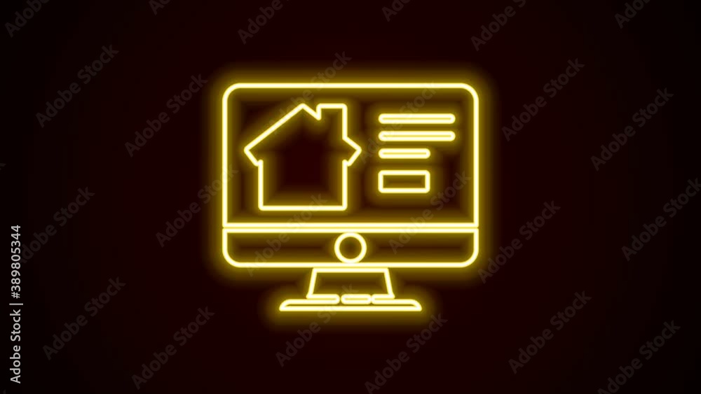 Glowing neon line Online real estate house on monitor icon isolated on black background. Home loan concept, rent, buy, buying a property. 4K Video motion graphic animation Glowing neon line Online real estate house on monitor icon isolated on black background. Home loan concept, rent, buy, buying a property. 4K Video motion graphic animation