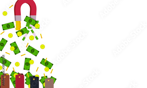The magnet pulls money out of different wallets. Concept: extortion, fraud, attracting profitable customers. Vector illustration, flat cartoon design, isolated on white background, eps 10.
