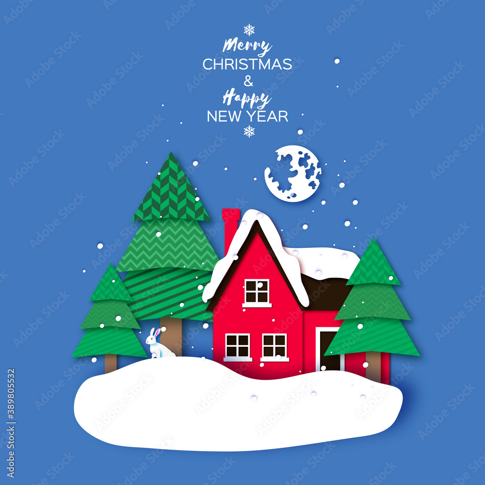 Merry Christmas Greetings Card with beautiful landscape and Green Christmas tree. Winter holidays. Happy New Year. Stars and moon. Red country home. Blue.