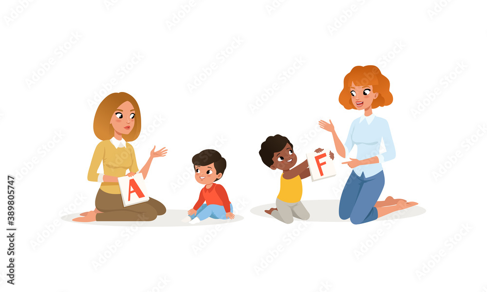 Young Woman Holding Abc Cards and Teaching Boy Alphabet Letters Vector Illustration Set Young Woman Holding Abc Cards and Teaching Boy Alphabet Letters Vector Illustration Set