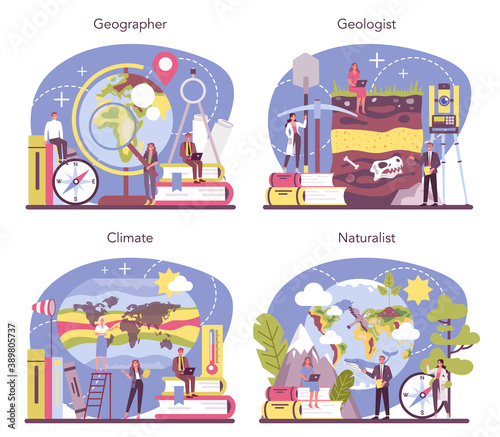 Geographer concept set. Studying the lands, features, inhabitants