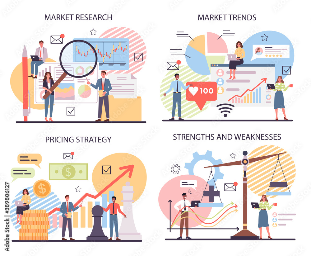 Market research and analysis set. Marketing strategy