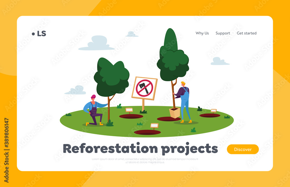 Naklejka premium Nature, Environment and Ecology Landing Page Template. Male Characters Planting Trees into Soil in Garden, Save World