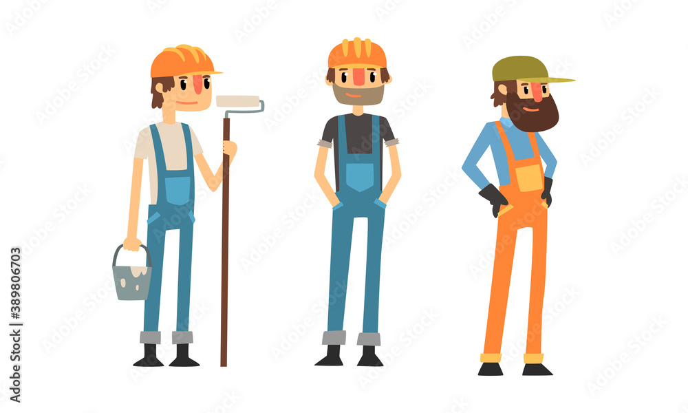Man Builder Wearing Jumpsuit and Helmet Vector Illustration Set