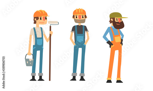 Man Builder Wearing Jumpsuit and Helmet Vector Illustration Set © topvectors