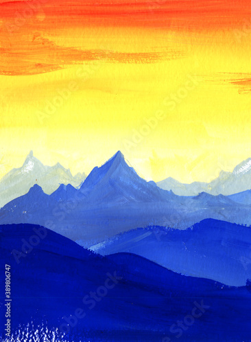 Surrealistic watercolor contrast landscape of bright blue mountain ranges against background of gradient fiery orange sky. Hand drawn brush stroke illustration of sunset in mountains