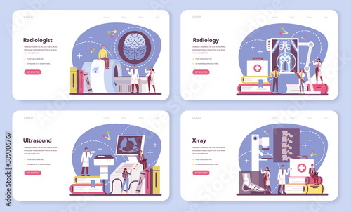 Radiologist web banner or landing page set. Doctor examing X-ray