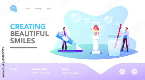 Dental and Oral Health Care Landing Page Template. Tiny Dentists Doctor Characters Holding Huge Brush and Toothpaste