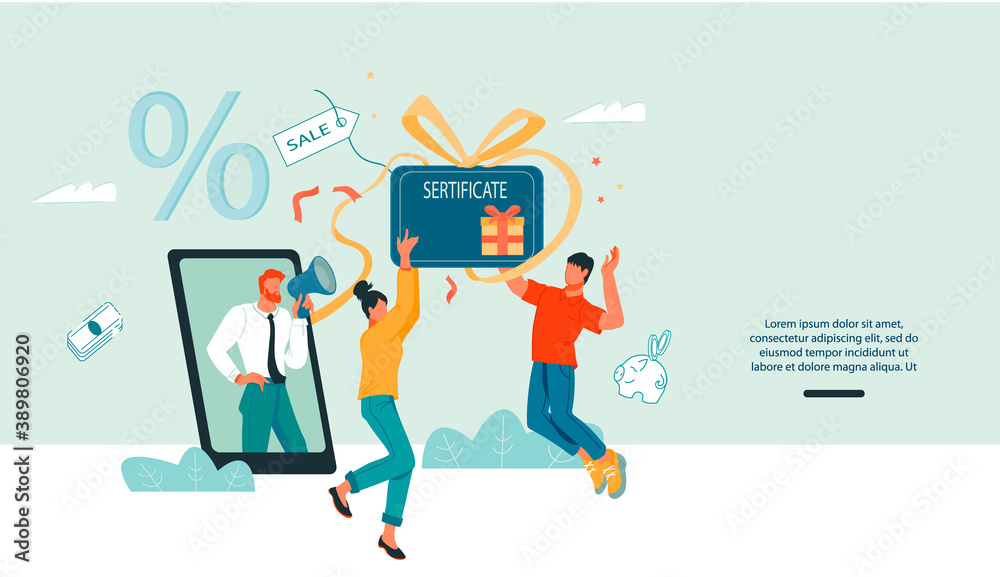 Business marketing website banner of customers loyalty program and e-commerce with buyers getting shopping gift certificate or voucher and businessman announcing sale, flat vector illustration. Business marketing website banner of customers loyalty program and e-commerce with buyers getting shopping gift certificate or voucher and businessman announcing sale, flat vector illustration.