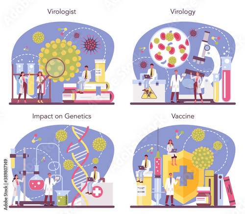 Virologist concept set. Scientist studies viruses and bacteria.