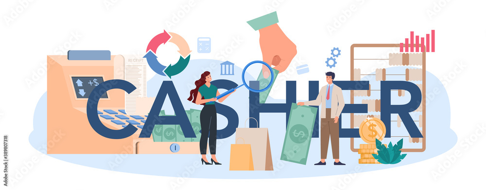 Cashier typographic header. Worker behind the cashier counter Cashier typographic header. Worker behind the cashier counter