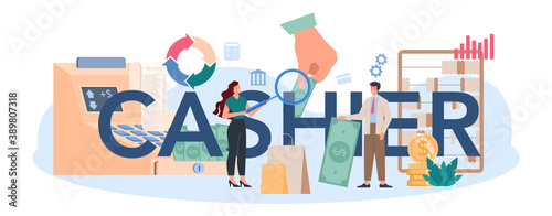 Cashier typographic header. Worker behind the cashier counter