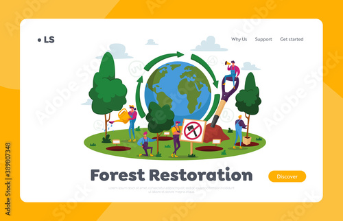 Reforestation Landing Page Template. World Environment Day, Characters Planting and Growing Trees in Soil Work in Garden