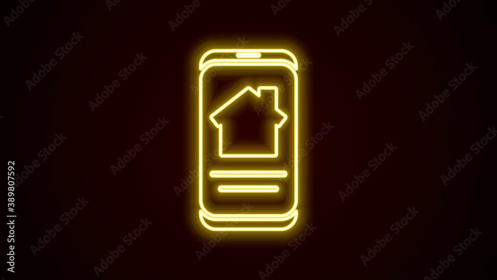 Glowing neon line Online real estate house on smartphone icon isolated on black background. Home loan concept, rent, buy, buying a property. 4K Video motion graphic animation Glowing neon line Online real estate house on smartphone icon isolated on black background. Home loan concept, rent, buy, buying a property. 4K Video motion graphic animation