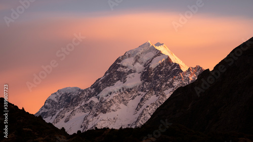 Mt Cook glowing at sunrise, New Zealand