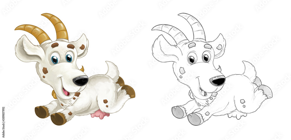 Obraz premium Cartoon sketch scene with horned goat standing and looking illustration