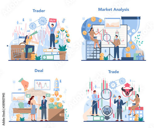 Trader, financial investment concept set. Stock market analysis.