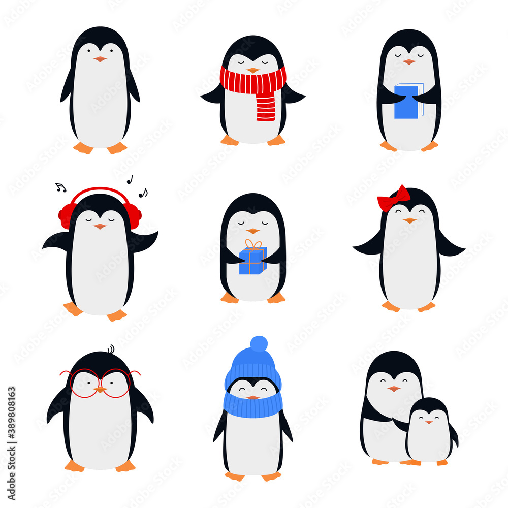Obraz premium Set of cute cartoon penguins in flat style.