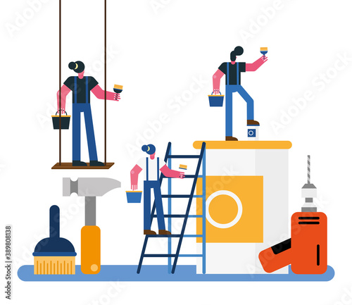 constructors workers team remodeling with painting equipment
