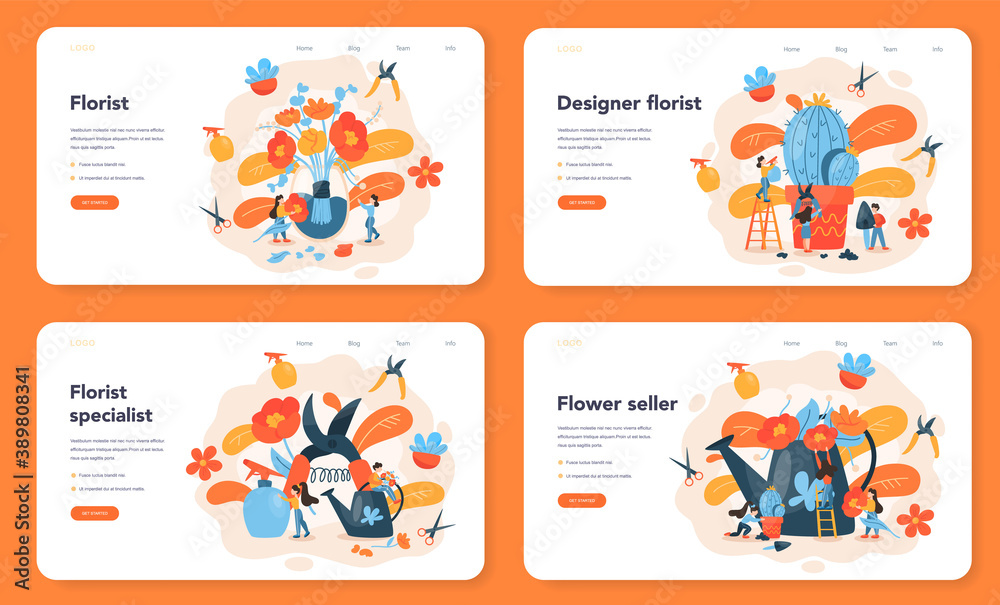 Florist web banner or landing page set. Creative occupation Florist web banner or landing page set. Creative occupation