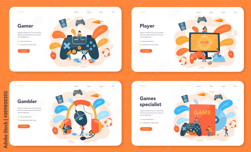 Professional gamer web banner or landing page set. Person play