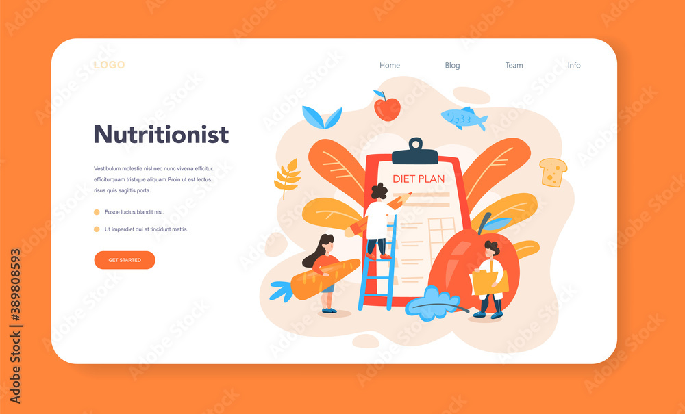 Nutritionist web banner or landing page. Diet plan with healthy Nutritionist web banner or landing page. Diet plan with healthy