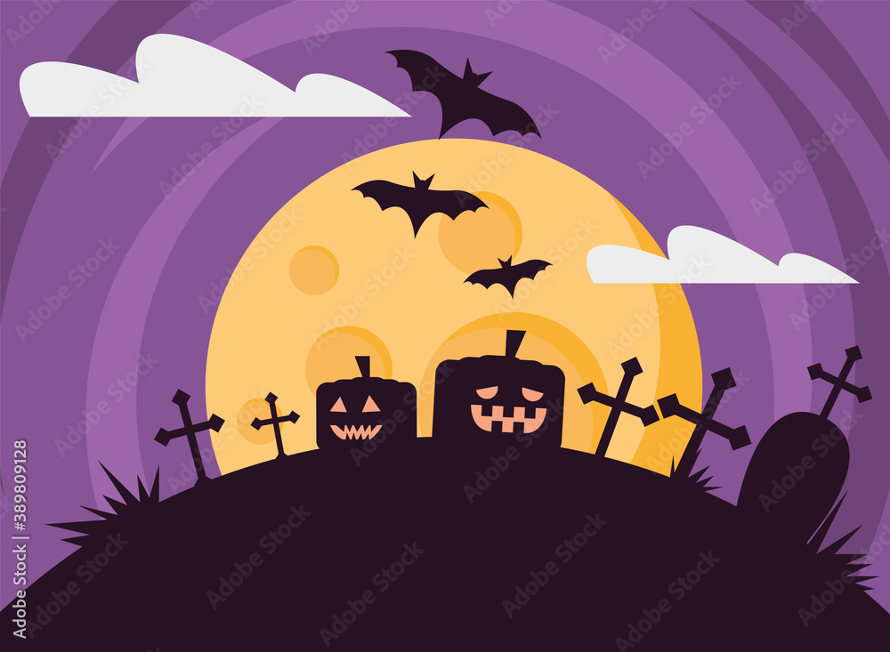 happy halloween card with pumpkins at night scene