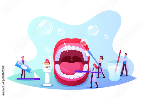 Dental Care Concept. Tiny Dentists Characters Cleaning and Brushing Huge Teeth in Open Mouth. Doctor Use Tooth Paste