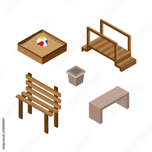 bundle of wooden park Isometric style icons