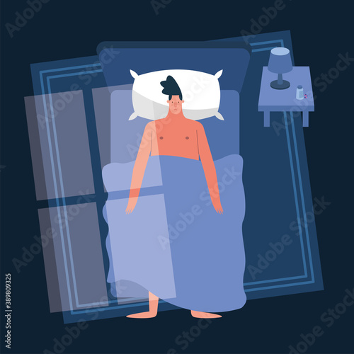 man in bedroom suffering from insomnia character