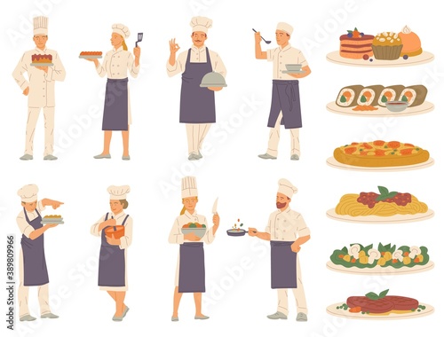 Vector set of delicious dishes and tiny professional chefs preparing food