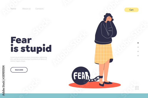 Fear and depression concept of landing page with woman locked on fear chain weight.