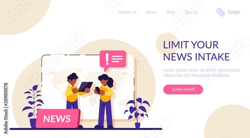 Limit your news intake concept. Social media connections. online news, News webpage, information about events, activities, company information and announcements. Modern flat illustration.