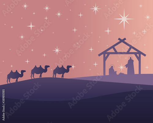 happy merry christmas card with holy family and camels in stable silhouette scene